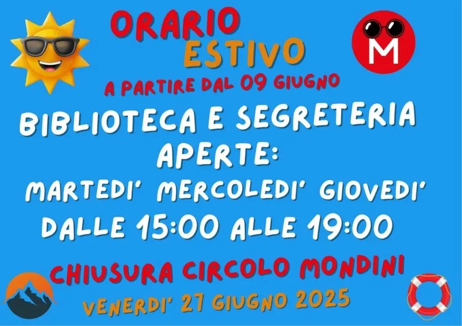 ORARIO ESTIVO E CHIUSURA CIRCOLO